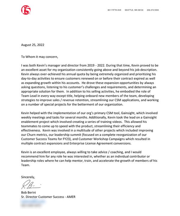 Letter of recommendation from Bob Berini, Sr. Director Customer Success, AMER, at F5, dated August 25, 2022