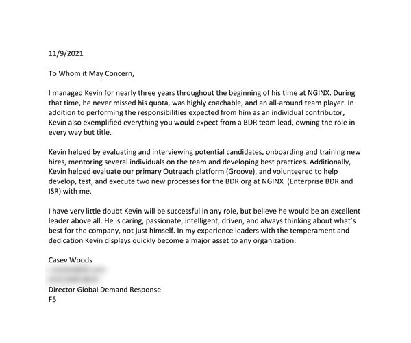 Letter of recommendation from Casey Woods, Director Global Demand Response at F5, dated November 9, 2021