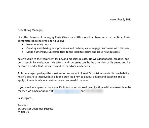 Letter of recommendation from Tom Yurch, Sr. Director Customer Success at F5 NGINX, dated November 9, 2021